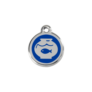 Placa para gato pequeña con diseño pecera en esmalte azul oscuro y acero inoxidable