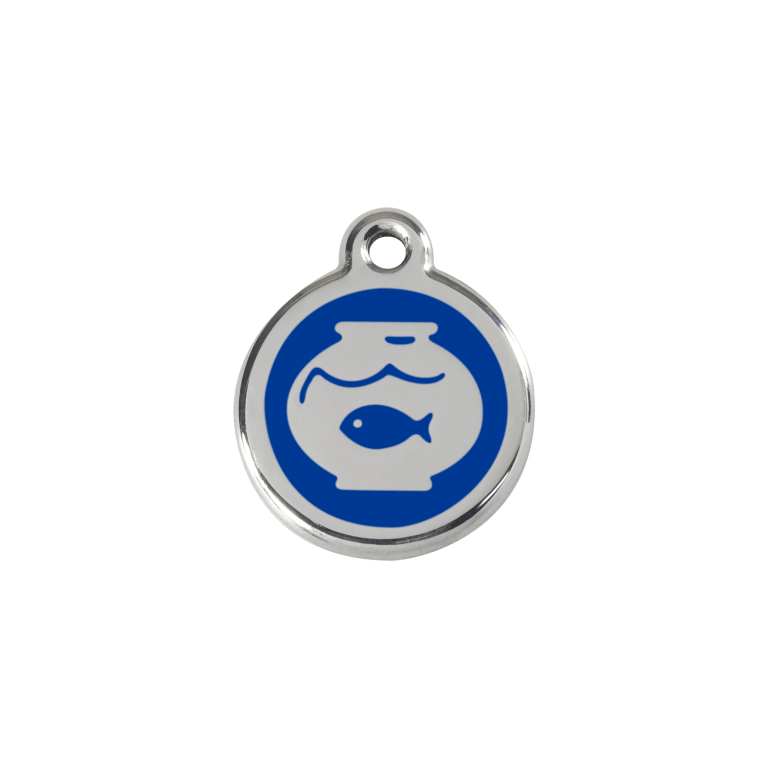 Vue avant - Médaille personnalisée pour chien/chat Red Dingo Émail/Acier inoxydable - Motif Bocal Poissons Bleu foncé - Talla S