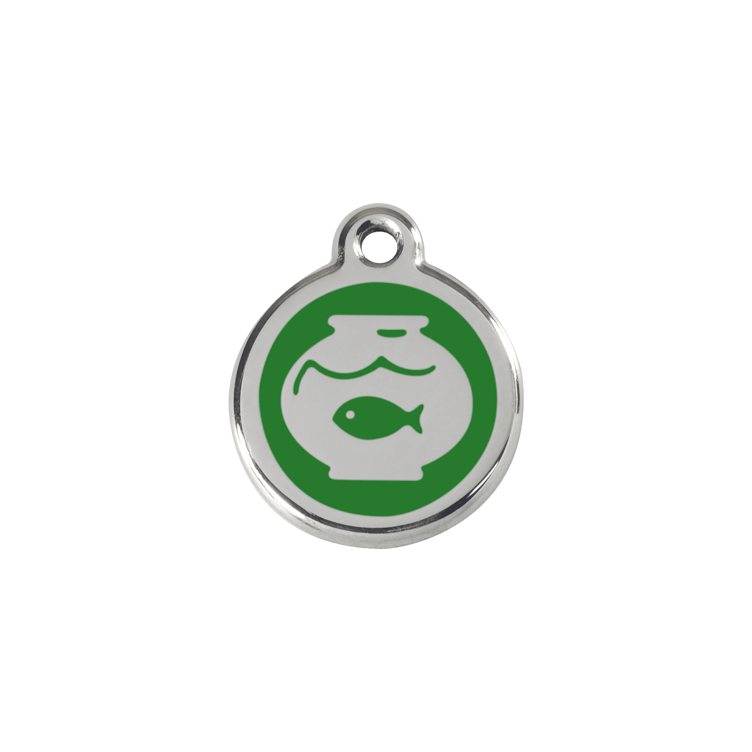 Vue avant - Médaille personnalisée pour chien/chat Red Dingo Émail et acier inoxydable - Motif bocal poissons - Vert - Talla S
