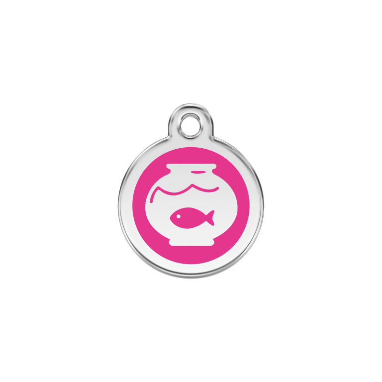 Vue avant - Médaille personnalisée pour chien/chat Red Dingo Émail/Acier inoxydable - Motif bocal poissons - Rose vif - Talla S