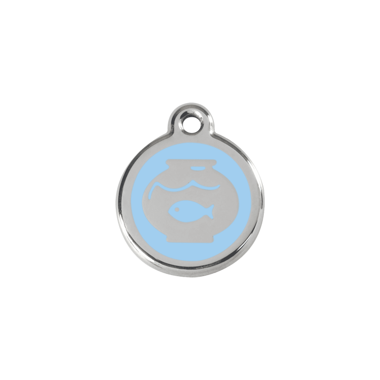 Vue avant - Médaille personnalisable pour chat ou chien Red Dingo Émail et acier inoxydable - Motif bocal à poissons - Bleu clair - Talla S