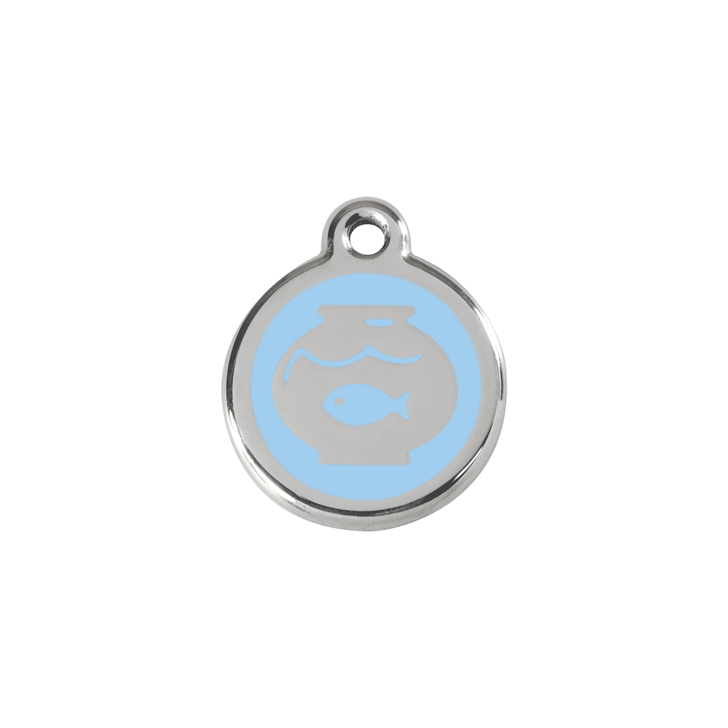 Vue avant - Médaille personnalisable pour chat ou chien Red Dingo Émail et acier inoxydable - Motif bocal à poissons - Bleu clair - Talla S