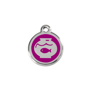 Placa para gato pequeña con diseño pecera en esmalte violeta y acero inoxidable