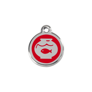 Placa para gato pequeña con diseño pecera en esmalte rojo y acero inoxidable