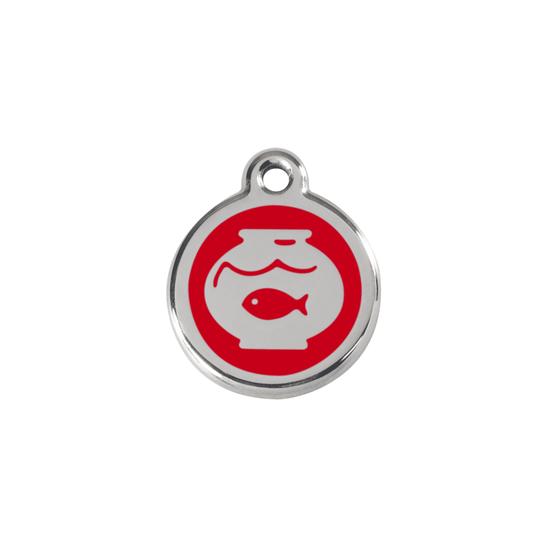 Vue avant - Médaille personnalisée pour chien/chat Red Dingo Émail et acier inoxydable - Motif bocal poissons - Rouge - Talla S