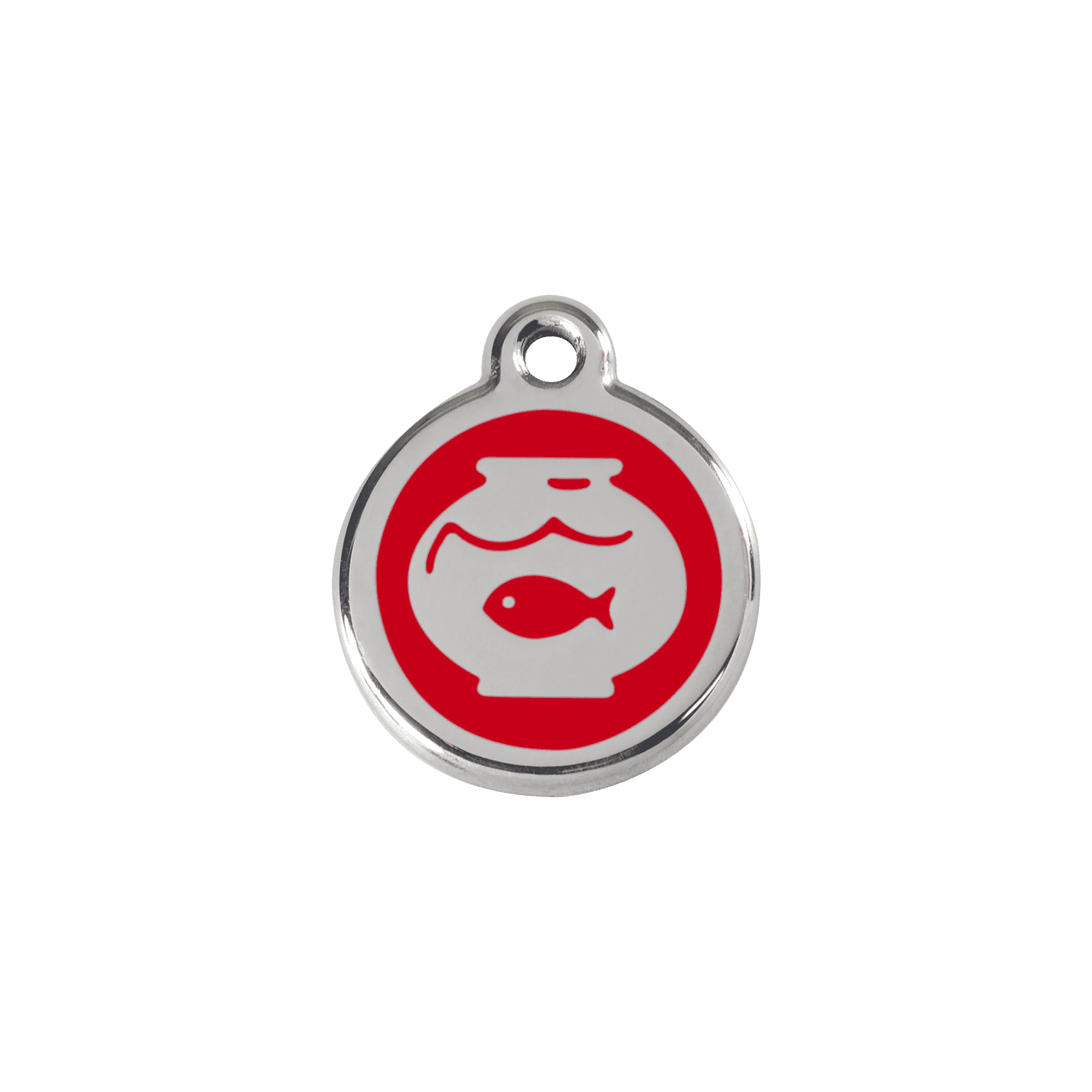 Vue avant - Médaille personnalisée pour chien/chat Red Dingo Émail et acier inoxydable - Motif bocal poissons - Rouge - Talla S