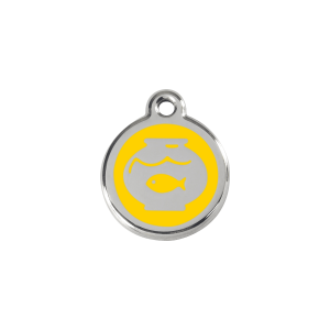Placa para gato pequeña con diseño pecera en esmalte amarillo y acero inoxidable