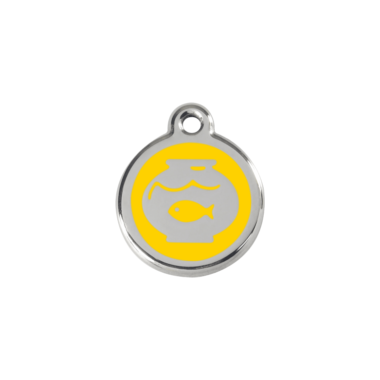 Vue avant - Médaille personnalisée pour chien/chat Red Dingo Émail/Acier Jaune - Motif Bocal Poissons - Talla S