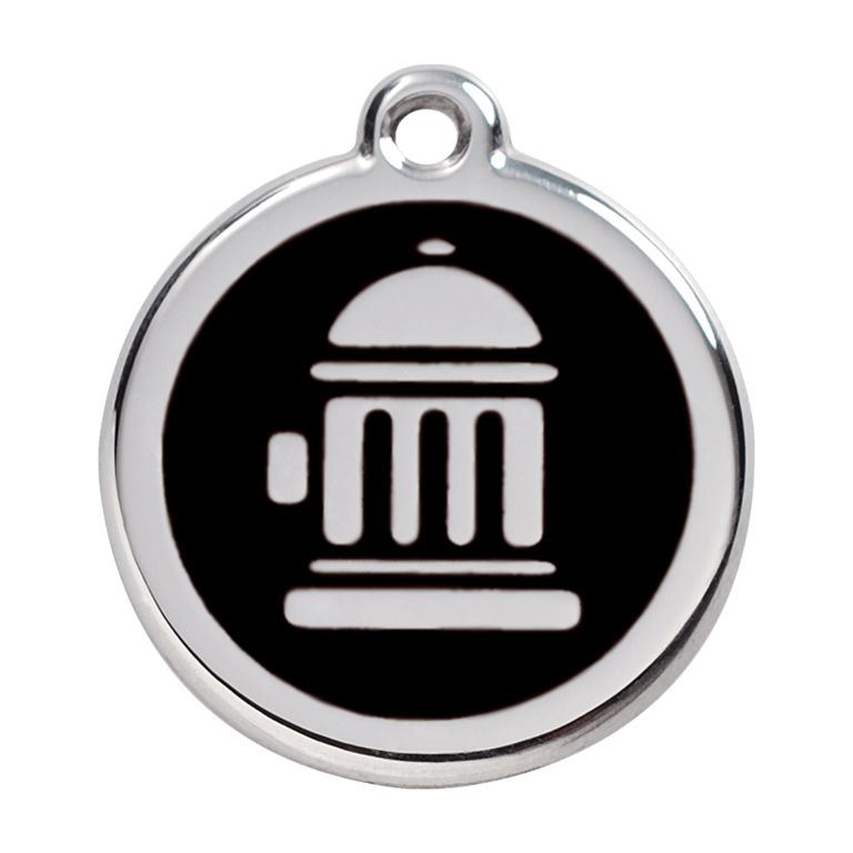 Vue avant - Médaille personnalisée pour chien Red Dingo Émail et acier inoxydable - Bouche d'incendie noir - Talla L