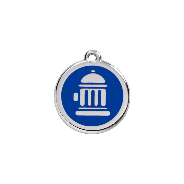 Vue avant - Médaille personnalisée pour chien/chat Red Dingo - Bouche d'incendie bleu foncé - Talla S - Gravure incluse
