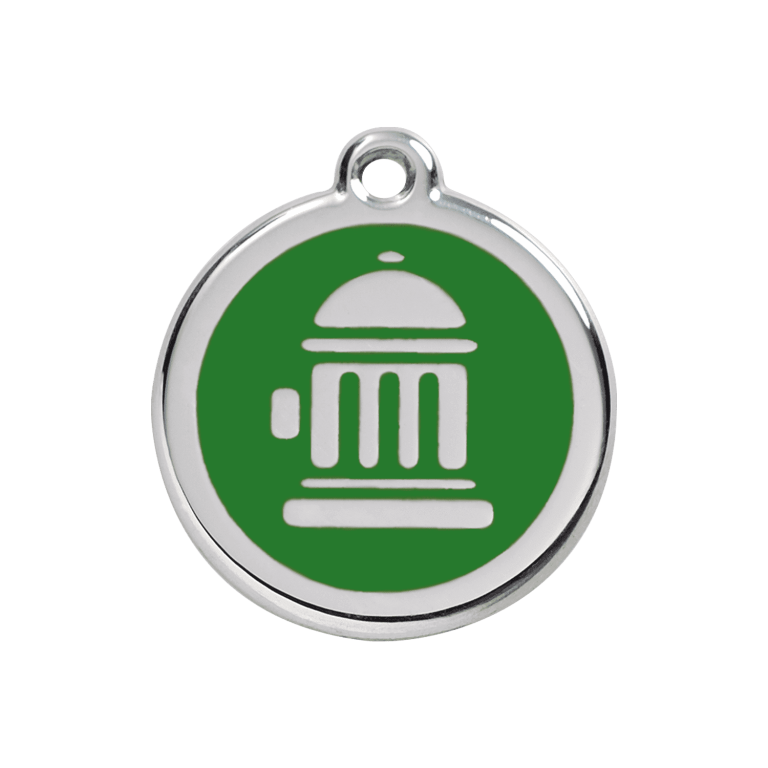 Vue avant - Médaille personnalisée pour chien Red Dingo Émail et acier inoxydable - Motif bouche d'incendie - Vert - Talla M