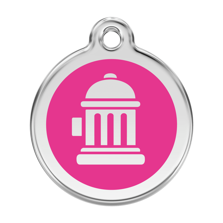Vue avant - Médaille personnalisée pour chien Red Dingo Émail et acier inoxydable Bouche d'incendie Rose vif - Talla L