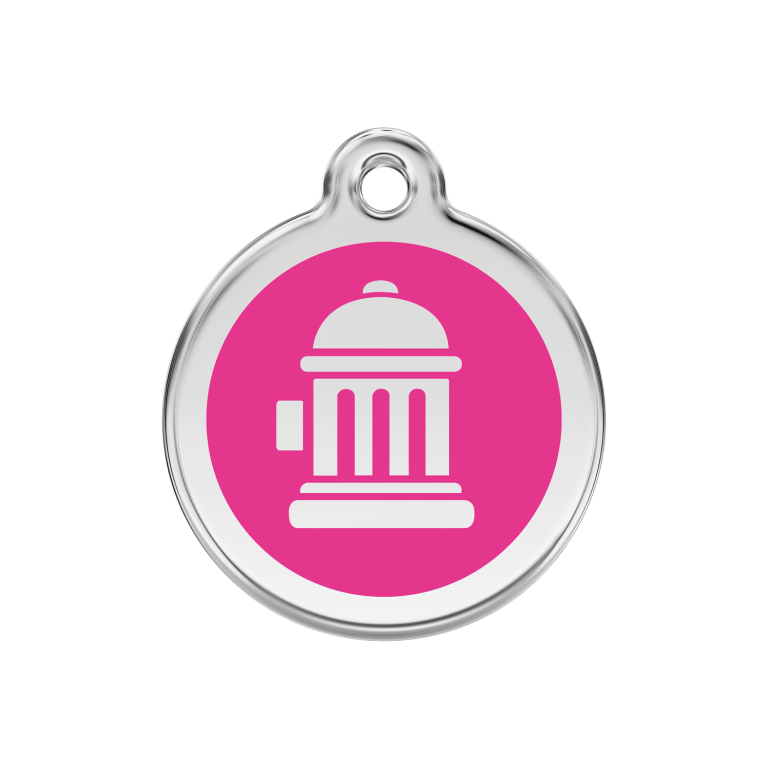 Vue avant - Médaille personnalisée pour chien en émail et acier inoxydable - Bouche d'incendie rose vif - Red Dingo