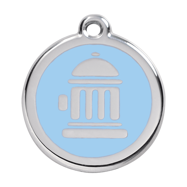 Vue avant - Médaille personnalisée pour chien Red Dingo Émail et acier inoxydable Bouche d'incendie Bleu clair - Talla L