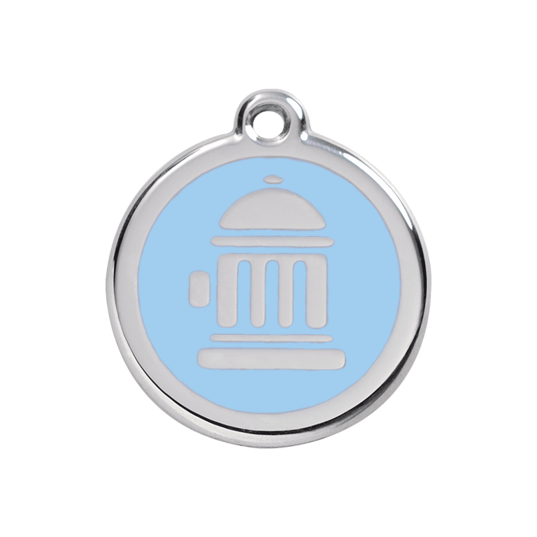 Vue avant - Médaille personnalisée pour chien Red Dingo Émail et acier inoxydable - Bouche d'incendie - Bleu clair - Talla M