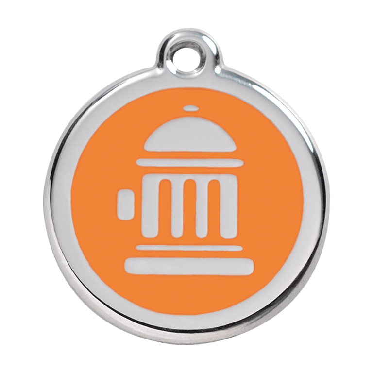 Vue avant - Médaille personnalisée pour chien Red Dingo Émail et acier inoxydable Orange Bouche d'incendie - Talla L