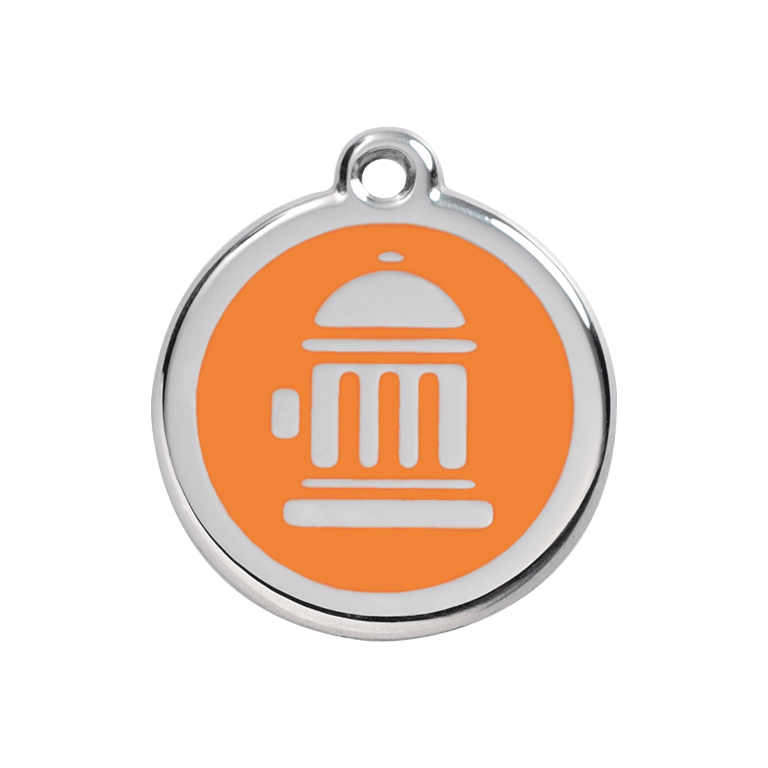 Vue avant - Médaille personnalisée pour chien Red Dingo Émail et acier inoxydable motif bouche d'incendie orange - Talla M - 01-FH-OR-ME