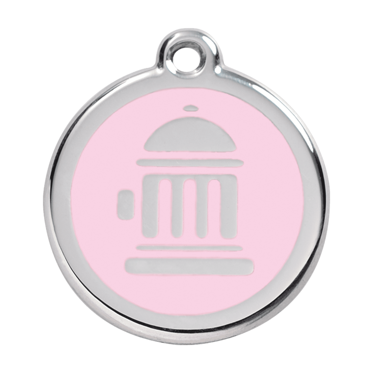 Vue avant - Médaille personnalisée pour chien Red Dingo Émail et acier inoxydable - Bouche d'incendie rose - Talla L