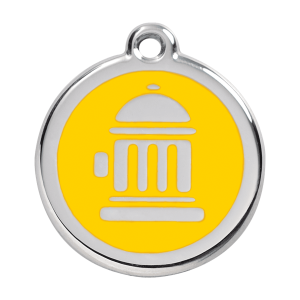 Placa para perro grande diseño hidrante amarillo en esmalte y acero inoxidable