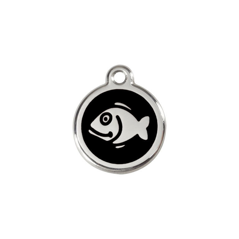 Vue avant - Médaille personnalisée pour chien/chat Red Dingo Émail et acier inoxydable - Motif poisson - Noir - Talla S