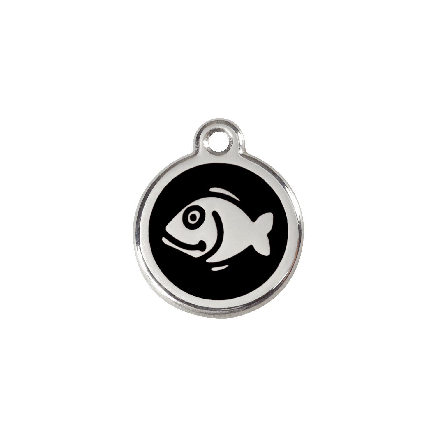 Vue avant - Médaille personnalisée pour chien/chat Red Dingo Émail et acier inoxydable - Motif poisson - Noir - Talla S