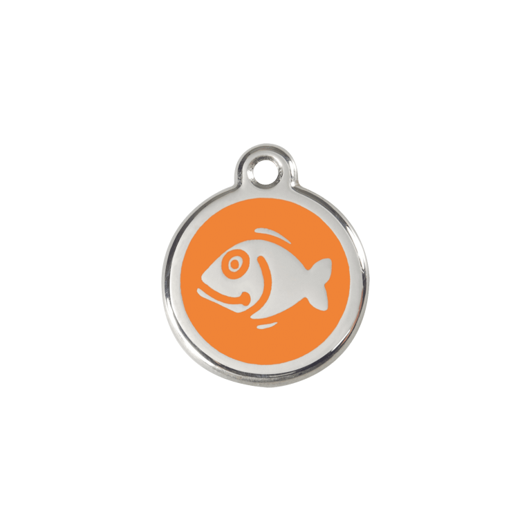 Vue avant - Médaille personnalisée chat Red Dingo Émail et acier inoxydable motif poisson orange - Talla S
