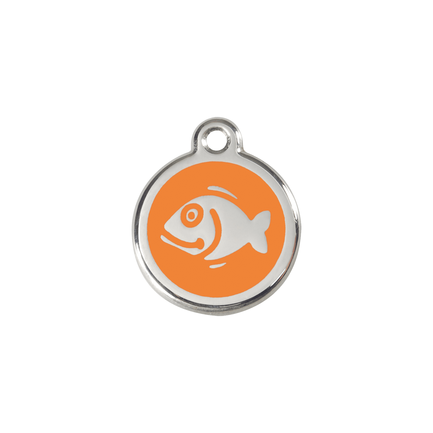 Vue avant - Médaille personnalisée chat Red Dingo Émail et acier inoxydable motif poisson orange - Talla S