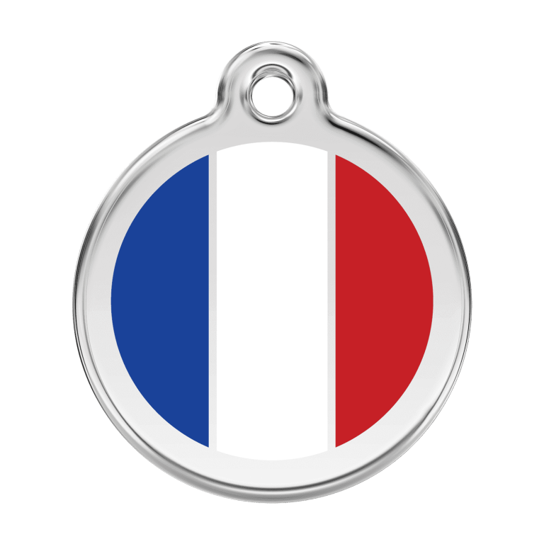Vue avant - Médaille personnalisée pour chien Red Dingo Émail et acier inoxydable Drapeau français Blanc - Talla L