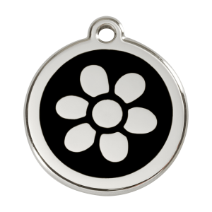 Placa para perro grande con flor en esmalte negro y acero inoxidable