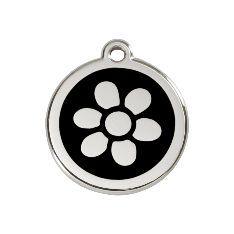 Vue avant - Médaille personnalisée pour chien Red Dingo Émail et acier inoxydable - Motif Fleur - Noir - Talla M
