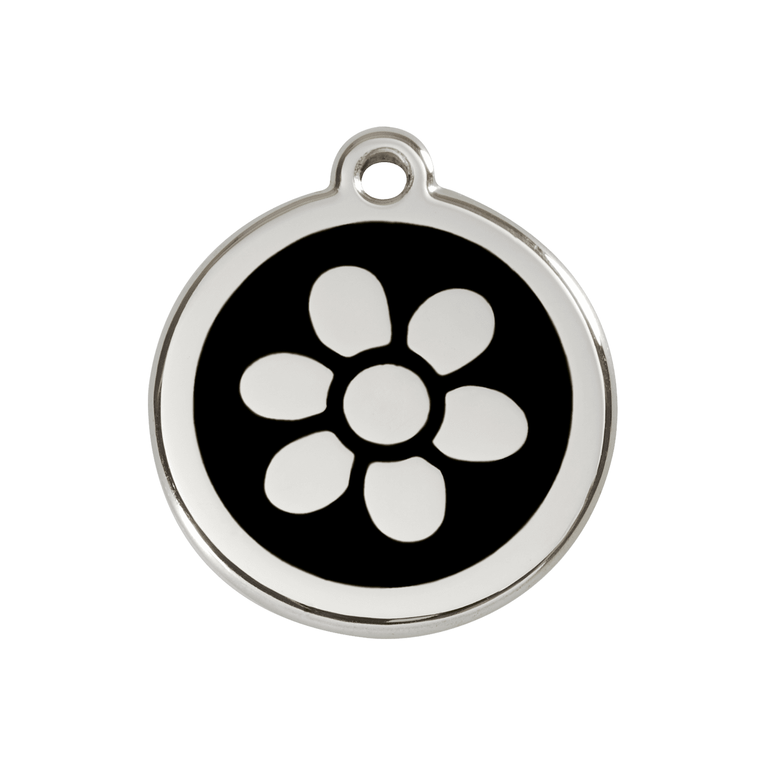 Vue avant - Médaille personnalisée pour chien Red Dingo Émail et acier inoxydable - Motif Fleur - Noir - Talla M