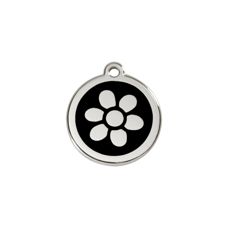 Vue avant - Médaille personnalisée pour chat Red Dingo Émail et acier inoxydable - Motif Fleur Noir - Talla S