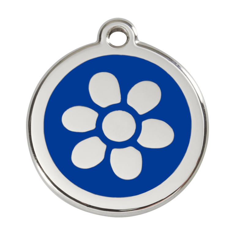Vue avant - Médaille personnalisée pour chien Red Dingo Émail et acier inoxydable - Fleur bleue - Talla L