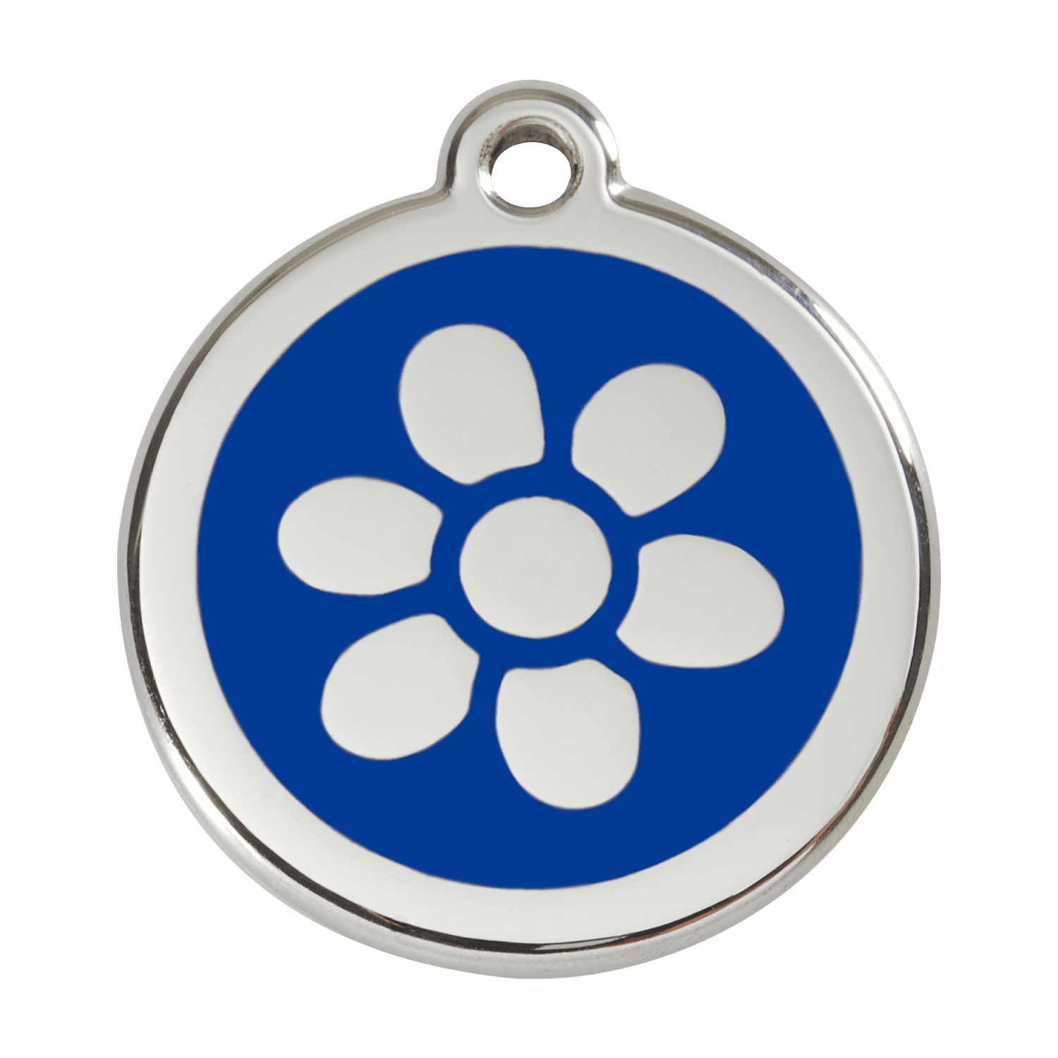 Vue avant - Médaille personnalisée pour chien Red Dingo Émail et acier inoxydable - Fleur bleue - Talla L