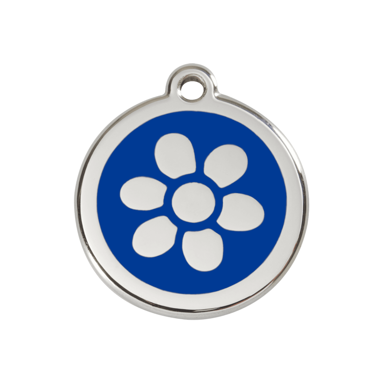 Vue avant - Médaille personnalisée pour chien/chat Red Dingo Émail/Acier inoxydable Fleur Bleu foncé 30mm