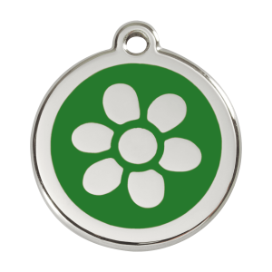 Placa para perro grande con flor en esmalte verde y acero inoxidable