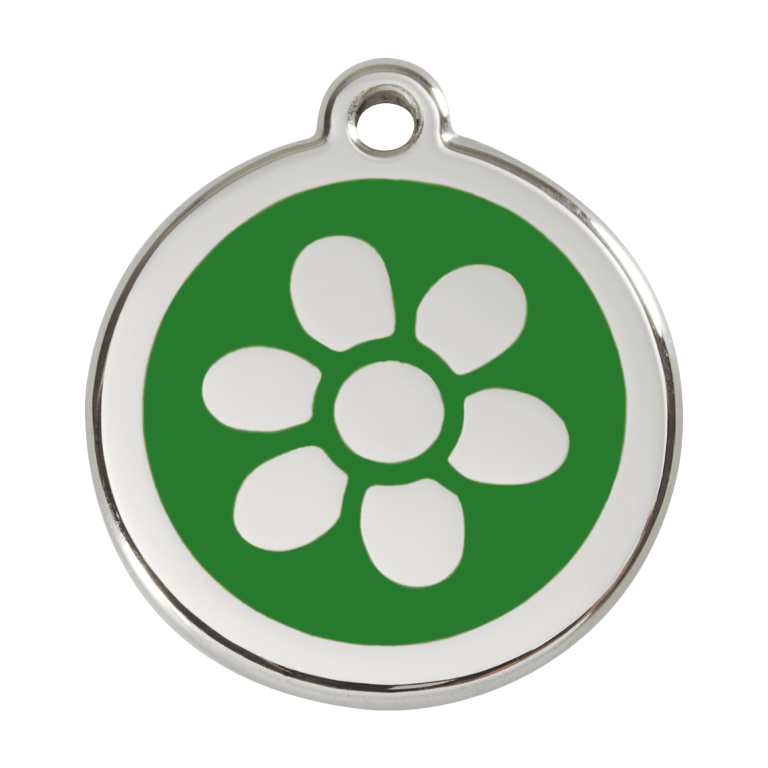 Vue avant - Médaille personnalisée pour chien Red Dingo Émail et acier inoxydable - Fleur Vert - Talla L