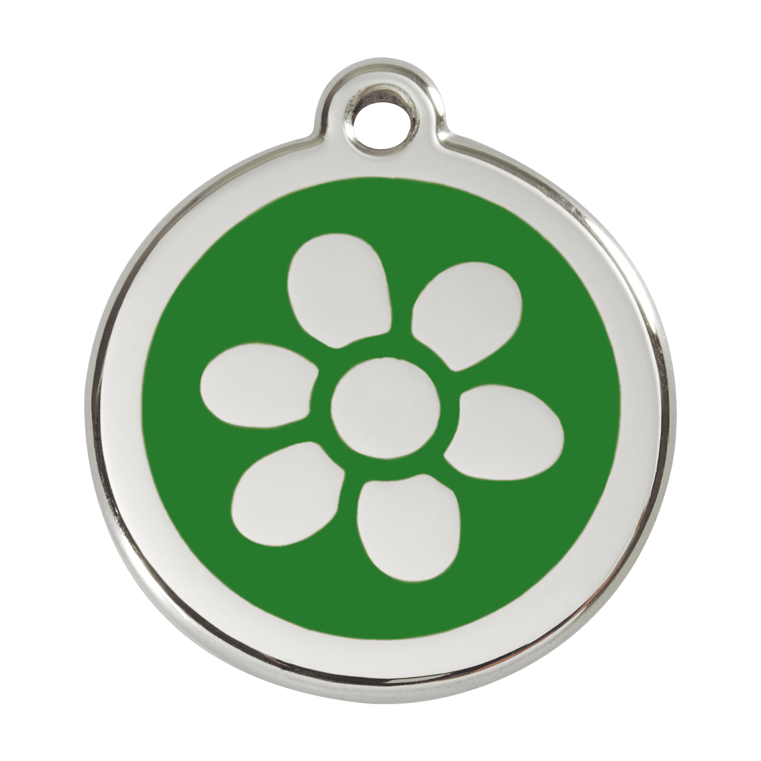 Vue avant - Médaille personnalisée pour chien Red Dingo Émail et acier inoxydable - Fleur Vert - Talla L