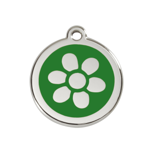 Placa para perro mediana con flor en esmalte verde y acero inoxidable