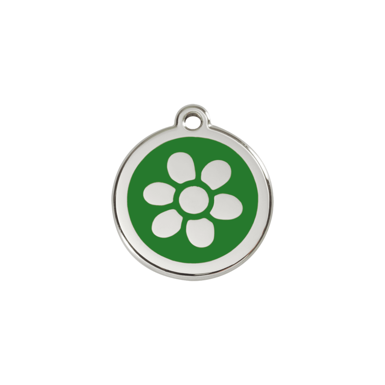 Vue avant - Médaille personnalisée en émail et acier inoxydable pour chat - Red Dingo - Fleur Vert - Talla S