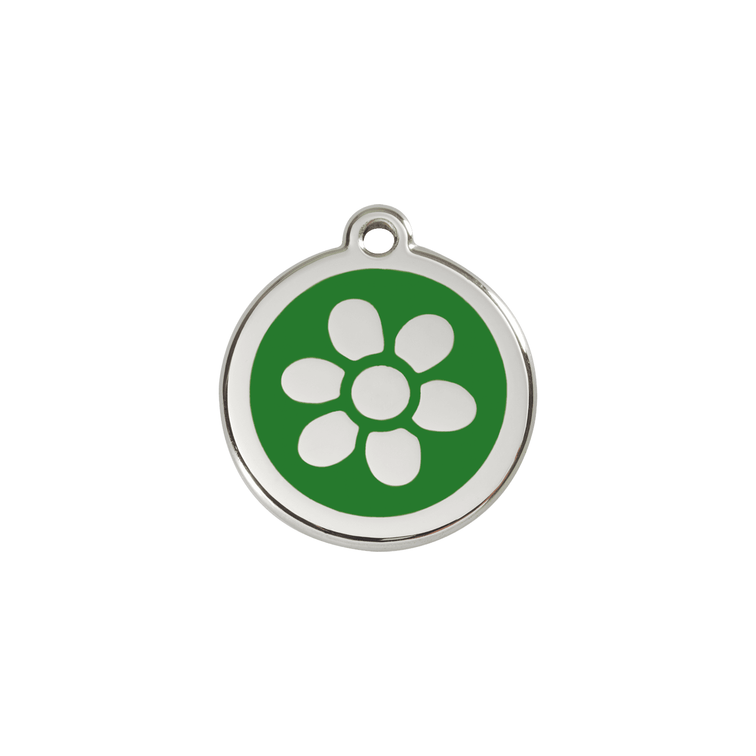 Vue avant - Médaille personnalisée en émail et acier inoxydable pour chat - Red Dingo - Fleur Vert - Talla S