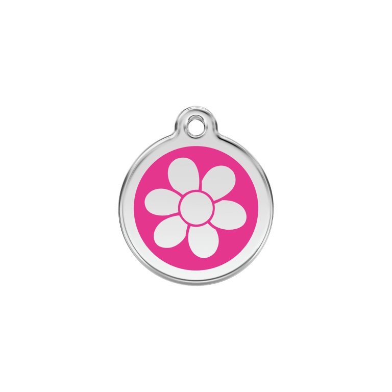Vue avant - Médaille personnalisée pour chat en émail et acier inoxydable - Red Dingo - Fleur rose vif - Talla S