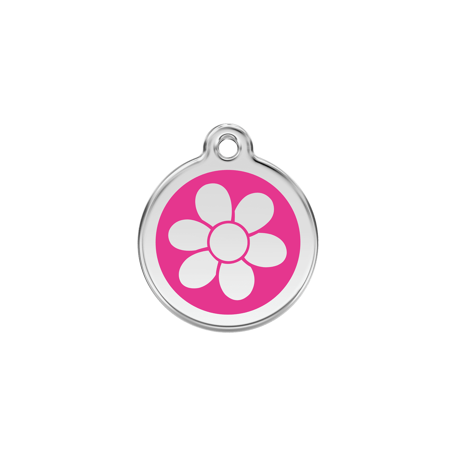 Vue avant - Médaille personnalisée pour chat en émail et acier inoxydable - Red Dingo - Fleur rose vif - Talla S