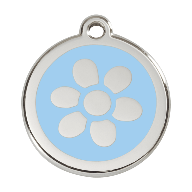 Vue avant - Médaille personnalisée pour chien Red Dingo Émail et acier inoxydable - Motif Fleur - Bleu clair - Talla L