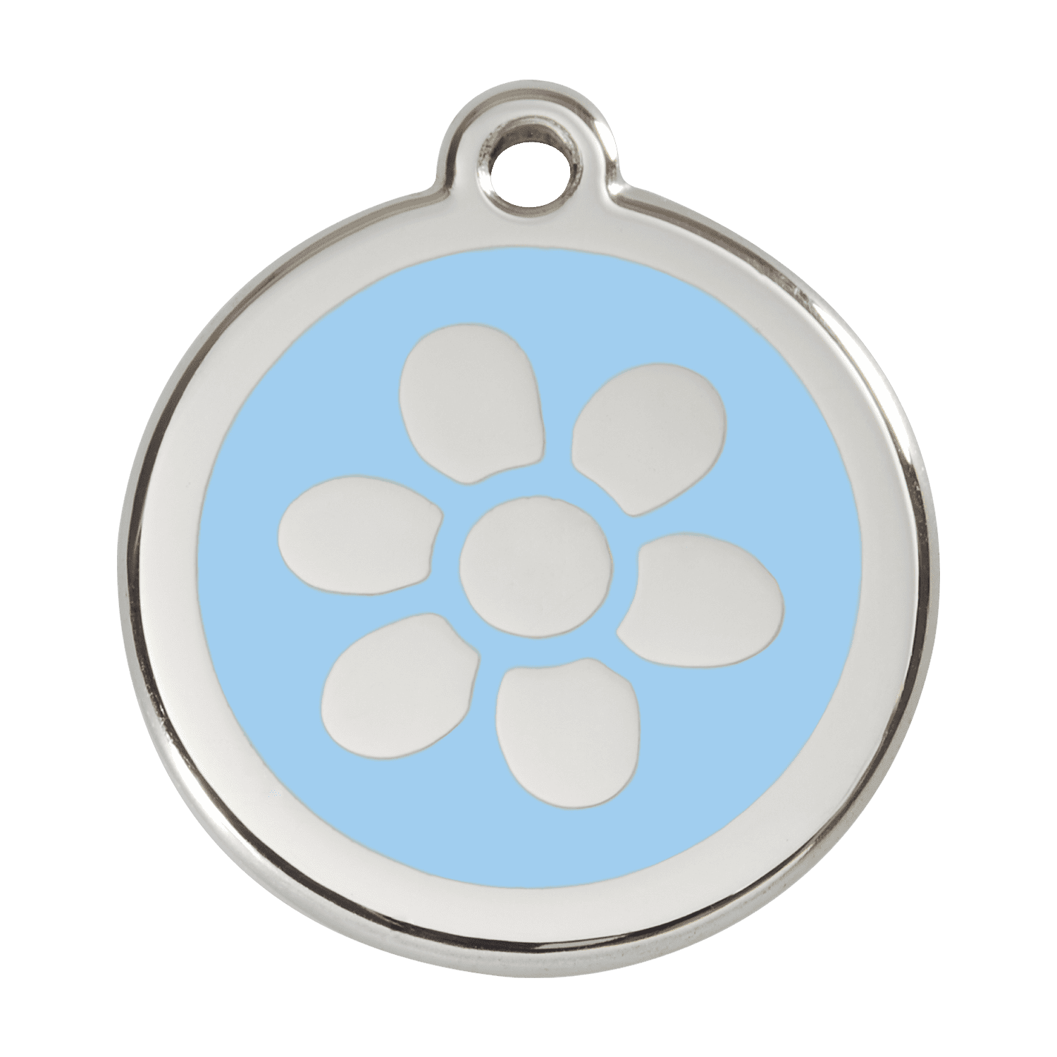 Vue avant - Médaille personnalisée pour chien Red Dingo Émail et acier inoxydable - Motif Fleur - Bleu clair - Talla L