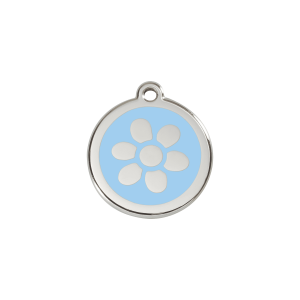 Placa para gato pequeña Flor en esmalte azul claro y acero inoxidable