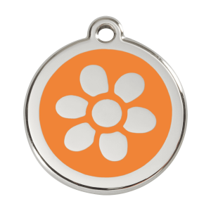 Placa para perro grande con flor en esmalte naranja y acero inoxidable