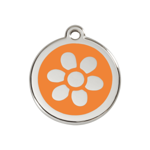 Placa para perro mediana con flor en esmalte naranja y acero inoxidable