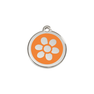 Placa para gato pequeña Flor en esmalte naranja y acero inoxidable