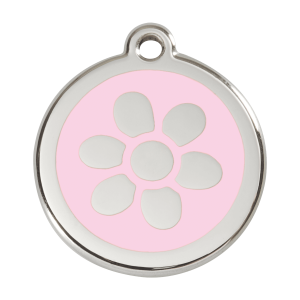 Placa para perro grande con flor en esmalte rosa y acero inoxidable